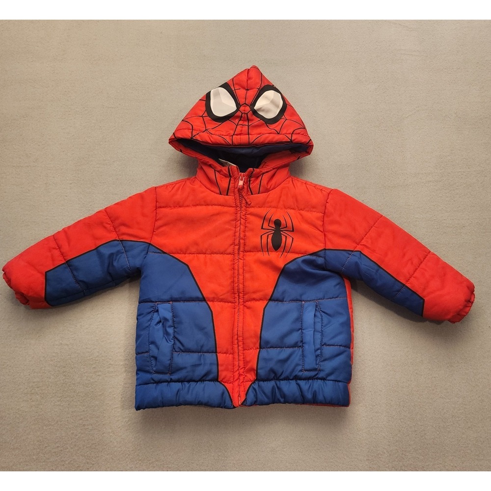 Marvel Spider Man Toddler Boys 2T Puffer Jacket Hooded Winter Coat Red Blue